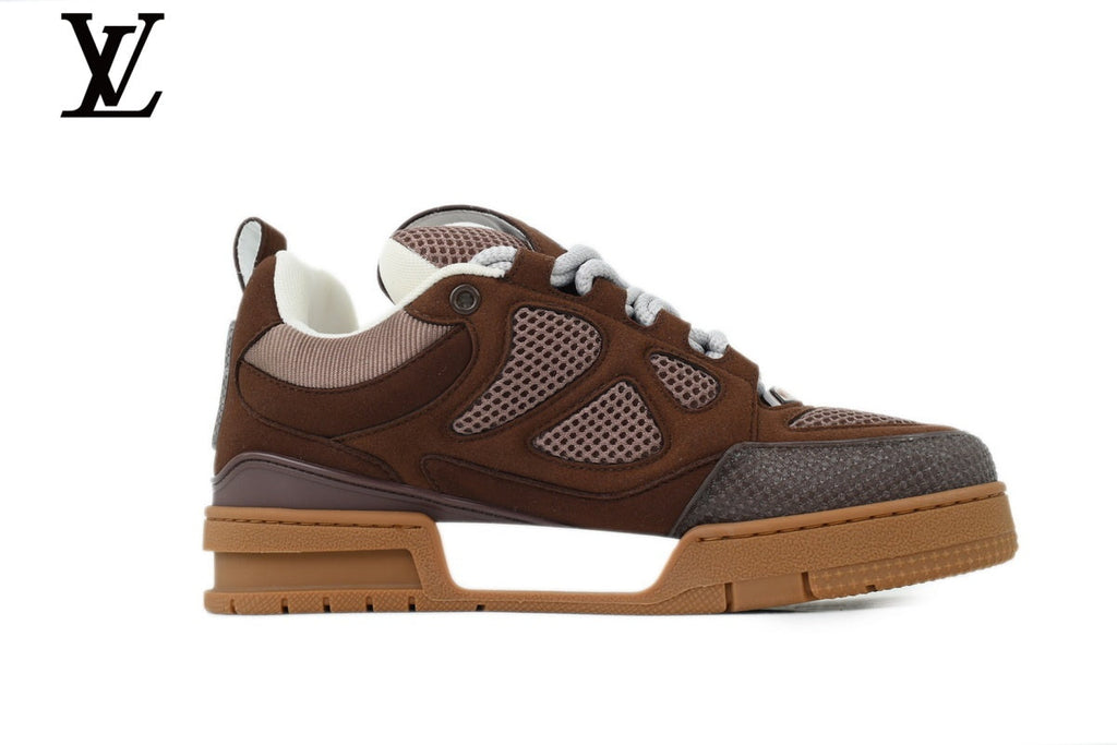 Louis Vuitton Trainer  shoes for man  women  Sneaker – Brown Suede & Mesh with White & Gum Sole