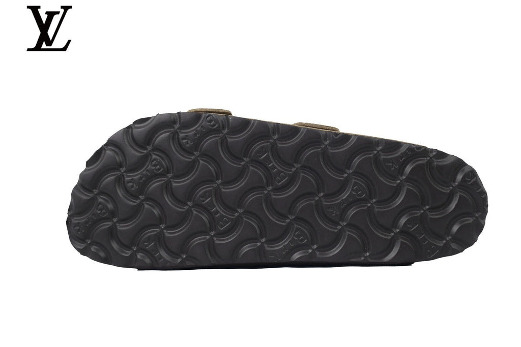 louis vuitton shoes for man  women Birkenstock Slide Sandal in Olive Green Suede with Double Buckle and Cork Footbed