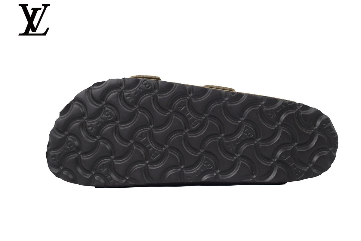 louis vuitton shoes for man  women Birkenstock Slide Sandal in Olive Green Suede with Double Buckle and Cork Footbed