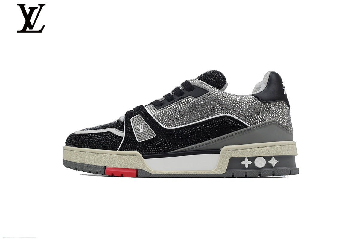 Louis Vuitton LV shoes for man  women Trainer Sneaker – Black & Silver Rhinestone Edition