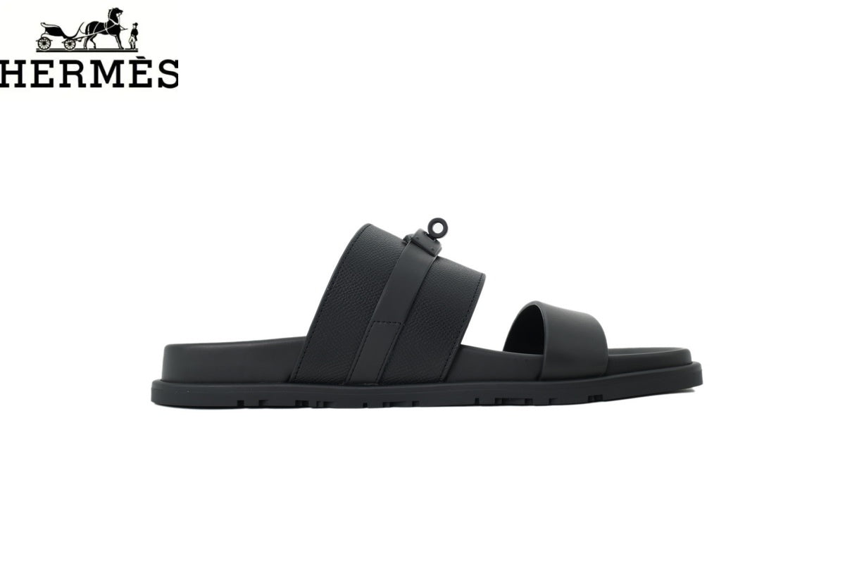 Hermès Black Leather Dual-Strap Slide Sandal