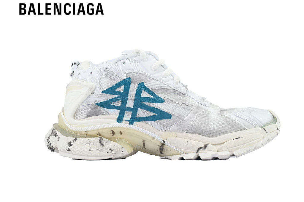 Balenciaga Runner men's shoes  women sneakers — White Mesh & Blue Graffiti Print