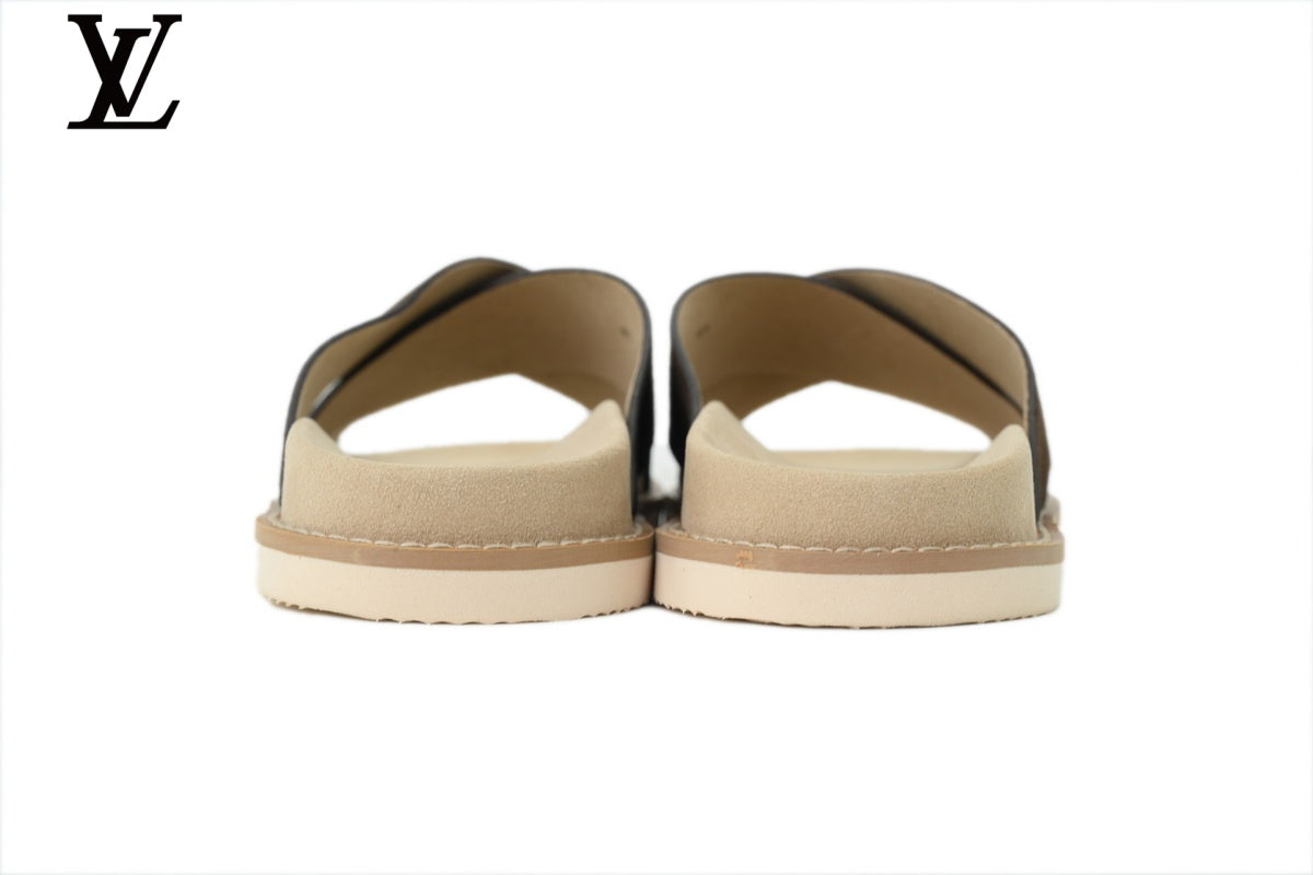 Louis Vuitton shoes for man  women Slide Sandal in Dark Brown Suede with Cross Strap