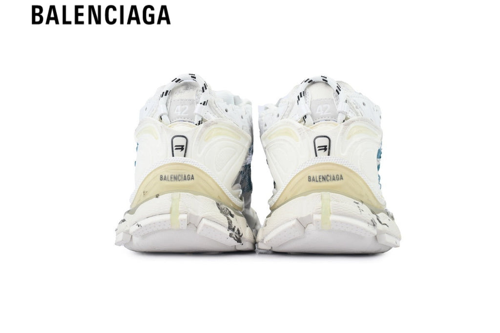 Balenciaga Runner men's shoes  women sneakers — White Mesh & Blue Graffiti Print