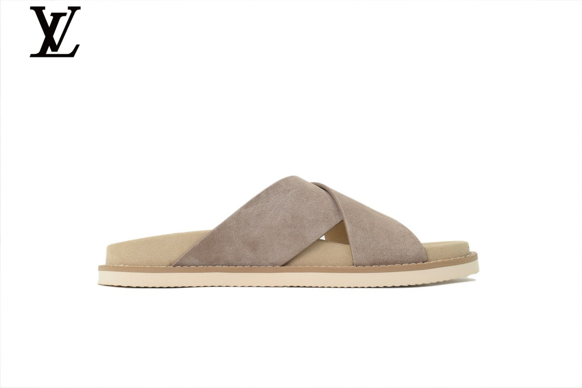 Louis Vuitton shoes for man  women Slide Sandal in Light Grey Suede with Cross Strap