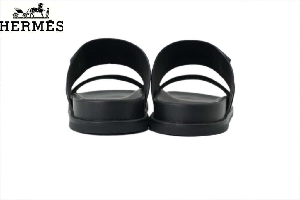Hermès Black Leather Dual-Strap Slide Sandal