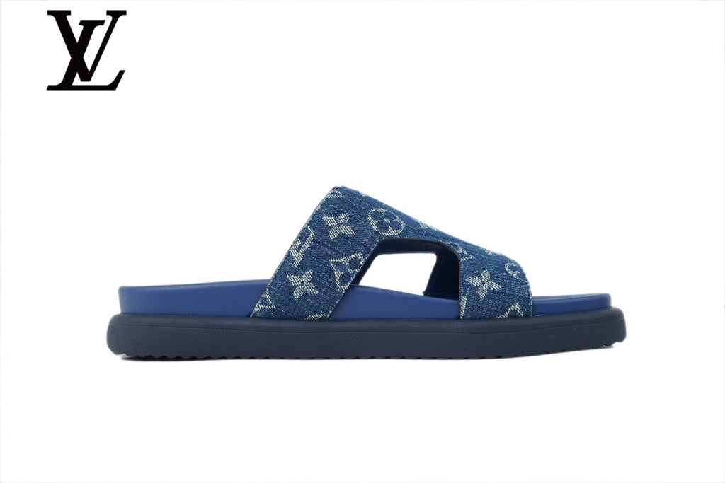 louis vuitton shoes for man  women Blue Monogram-Pattern Denim-Look Slides | Sizes 35–46