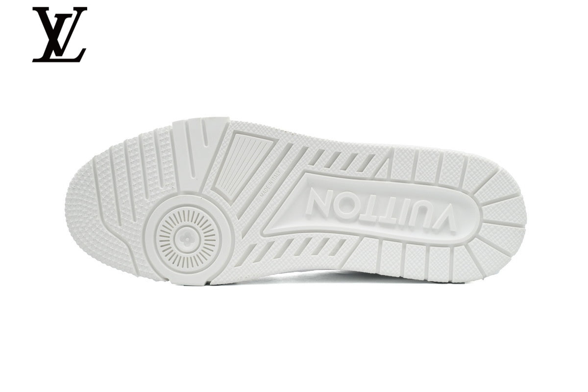 Louis Vuitton Low Top Trainer – White Monogram Embossed Leather & Gold Signature