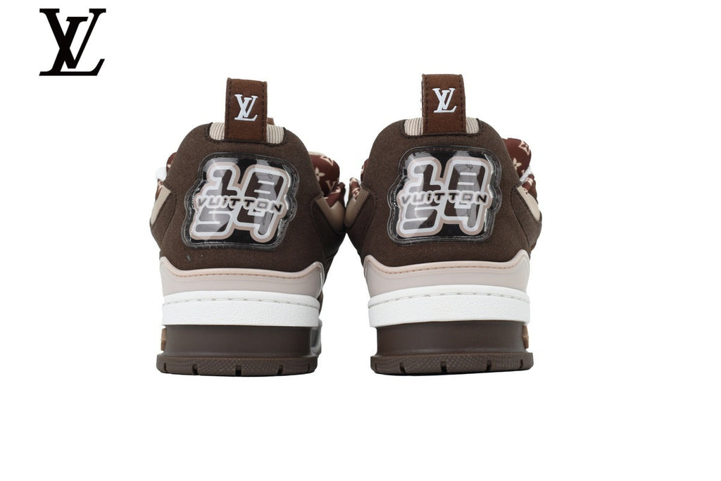 Louis Vuitton Trainer  shoes for man  women Sneaker – Dark Brown Suede & Mesh with Beige & White