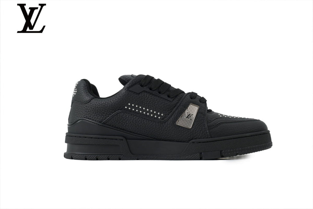 Louis Vuitton Trainer shoes for man  women Sneaker – All-Black Leather with Rhinestone Embellishment