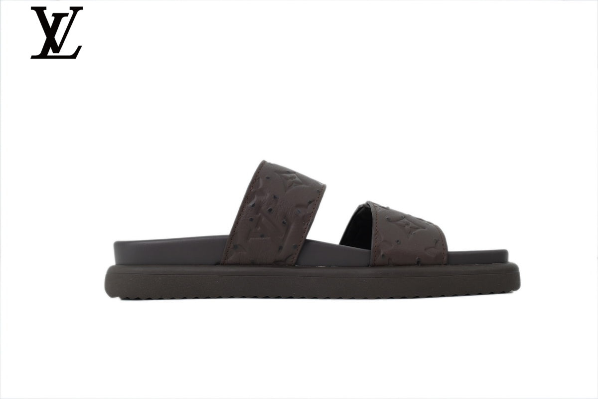 Louis Vuitton Monogram Slide Sandal in Dark Brown with Silver Buckle and Double Strap