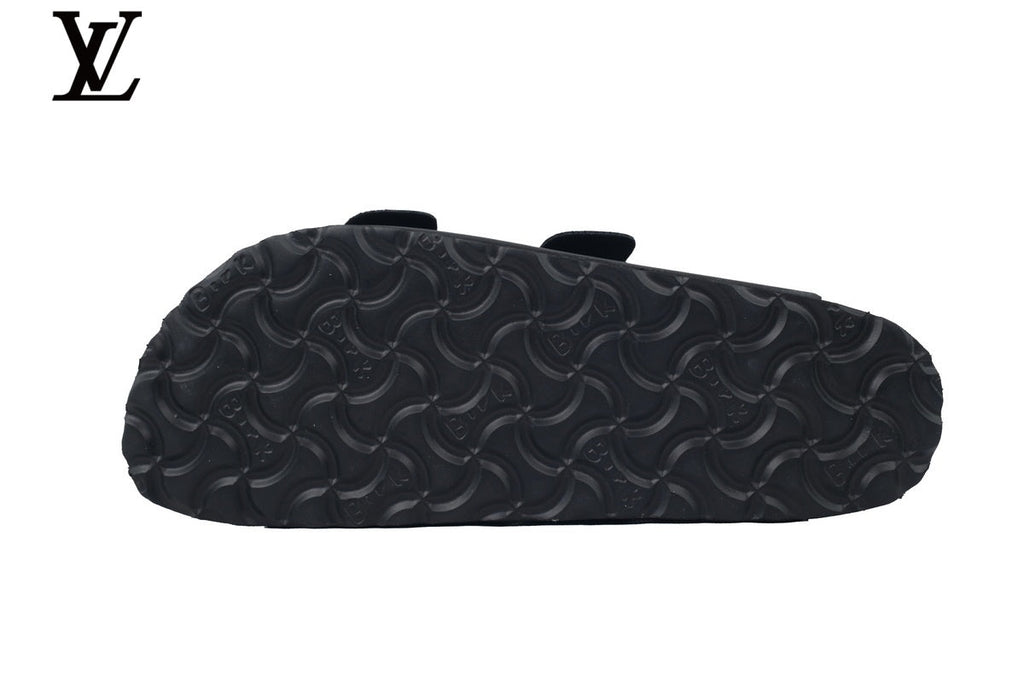louis vuitton shoes for man  women Birkenstock Slide Sandal in Black with Double Buckle and Cork Footbed