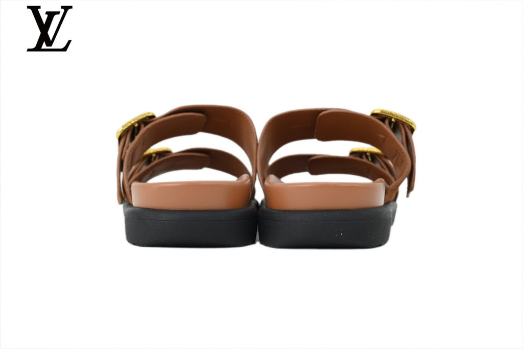 Louis Vuitton Monogram Slide Sandal in Caramel Brown with Gold Buckle and Double Strap