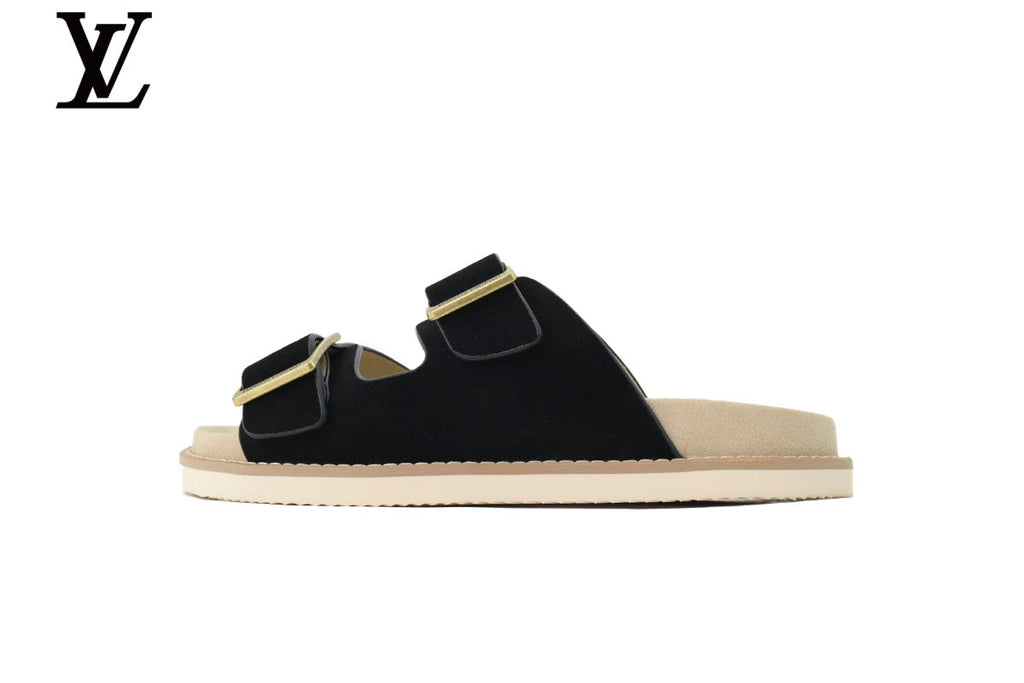 Louis Vuitton Double Strap Slide Sandal – Black Suede Leather & Gold Buckle