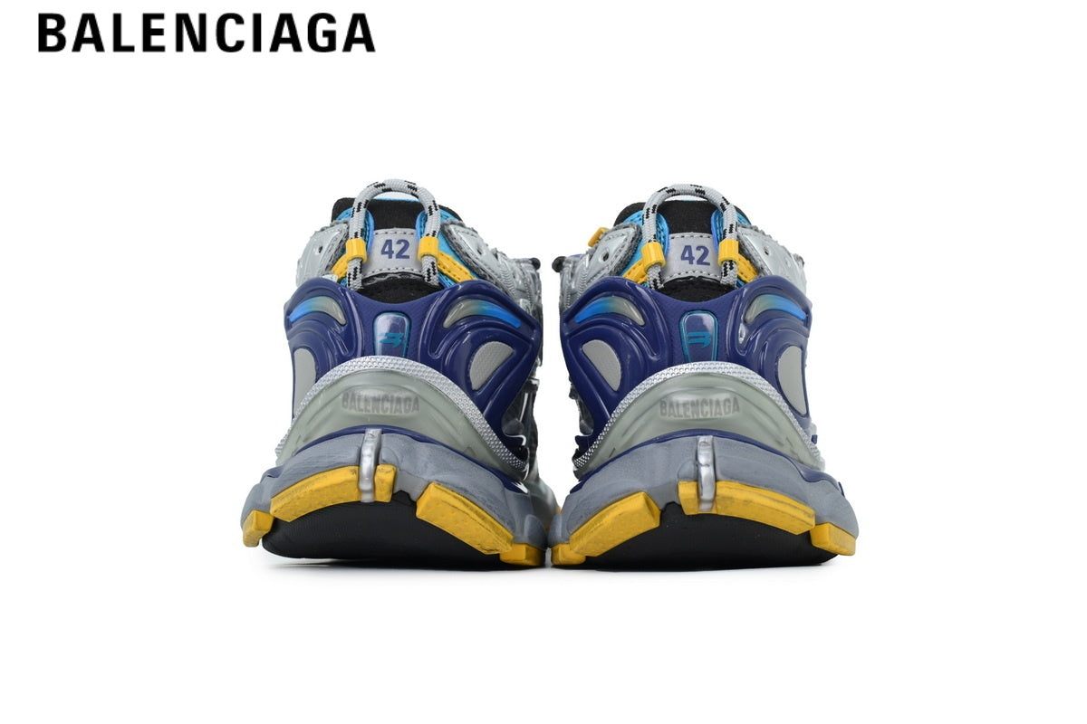 Balenciaga Runner Mid Sneaker — Silver Mesh, Blue & Yellow Synthetic Overlays
