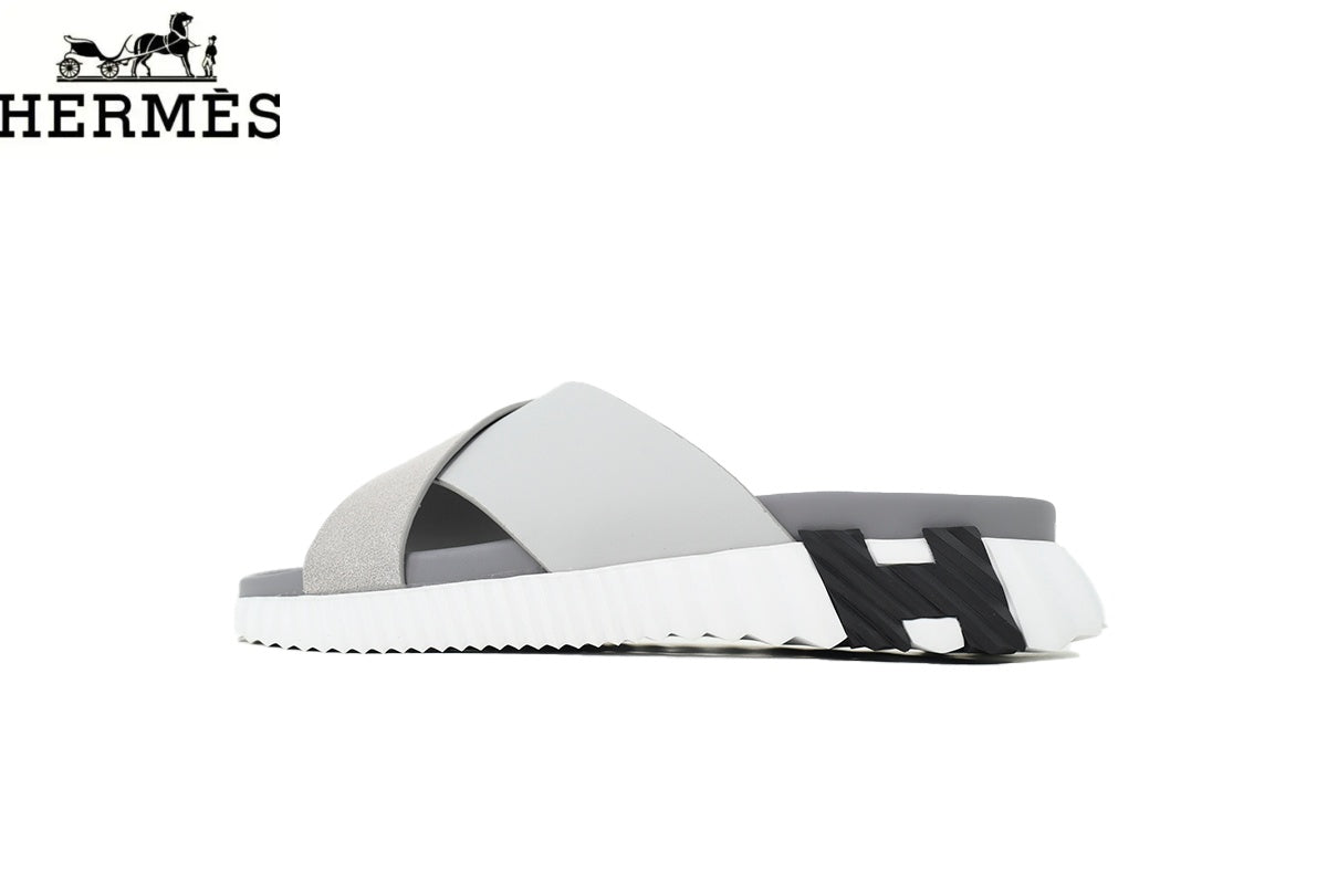 Hermès Light Grey Leather and Suede Cross-Strap Slide Sandal