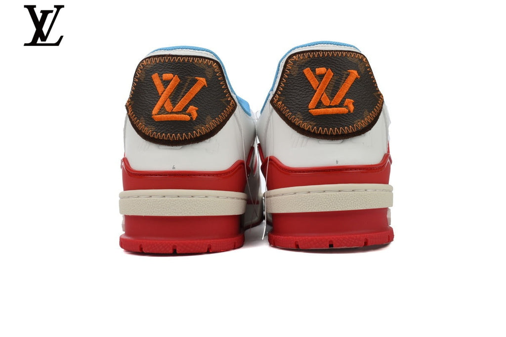 Louis Vuitton LV shoes for man  women Trainer Sneaker – White, Red & Blue