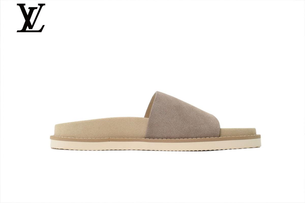 Louis Vuitton Single Strap Slide Sandal – Light Taupe Suede Leather & Beige Footbed