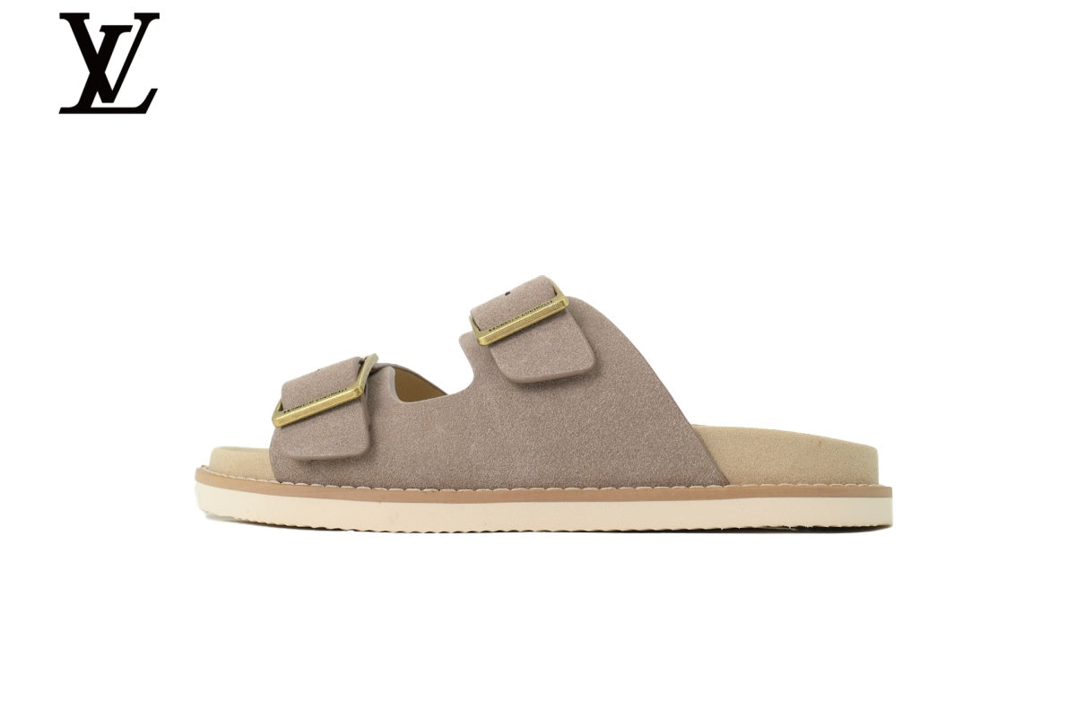 Louis Vuitton Double Strap Slide Sandal – Taupe Suede Leather & Gold Buckle