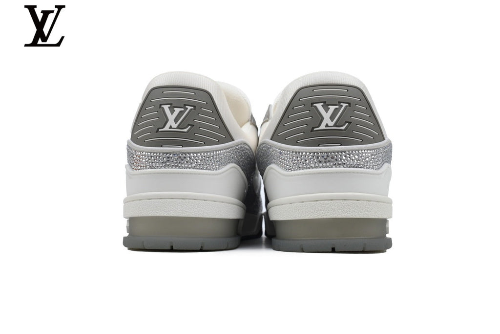 Louis Vuitton LV shoes for man  women Trainer Sneaker – White & Silver Rhinestone