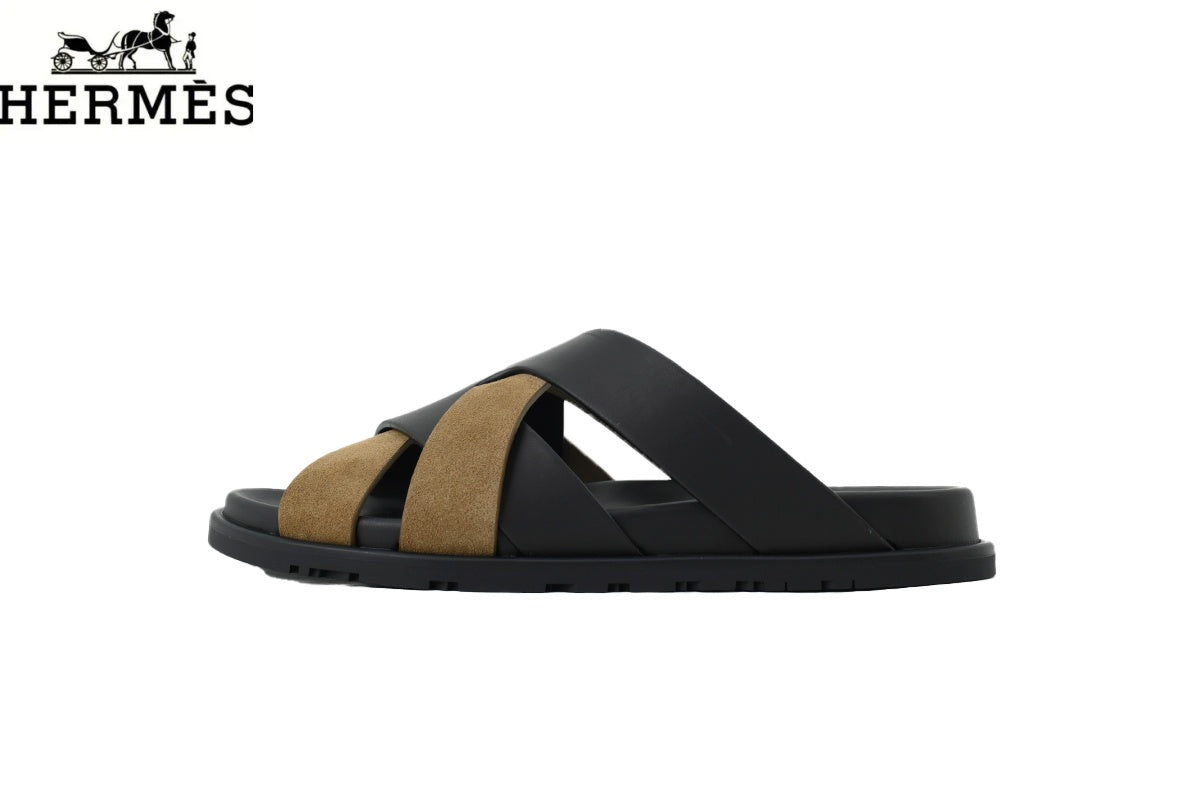 Hermès Black and Khaki Suede Cross-Strap Slide Sandal