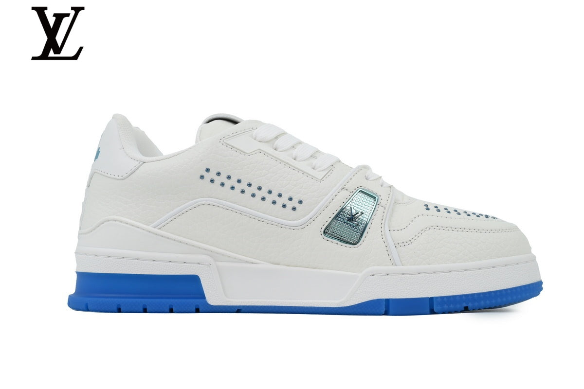 Louis Vuitton Trainer  shoes for man  women  Sneaker – White with Blue Sole