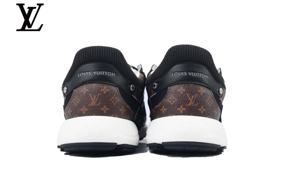 Louis Vuitton Low Top Sneaker – Black Mesh & Leather with Monogram Panel & White Outsole