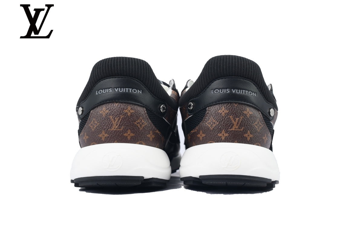 Louis Vuitton Low Top Sneaker – Black Mesh & Leather with Monogram Panel & White Outsole