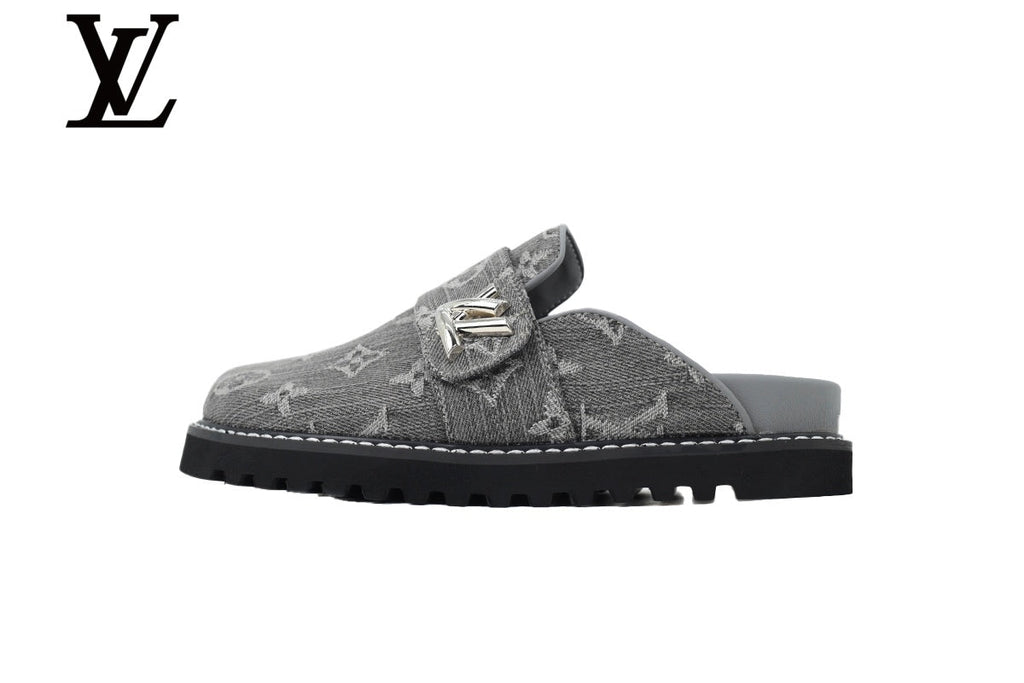 louis vuitton shoes for man  women Grey Monogram-Pattern Denim Mules | Sizes 35–46