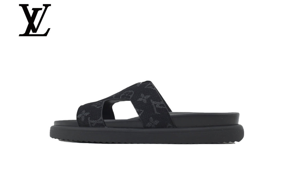 louis vuitton shoes for man  women Black Monogram-Pattern Cutout Slides | Sizes 35–46