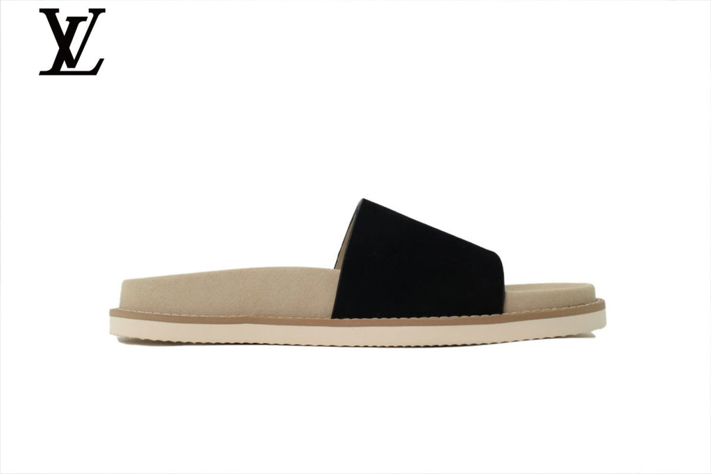 Louis Vuitton Single Strap Slide Sandal – Black Suede Leather & Beige Footbed