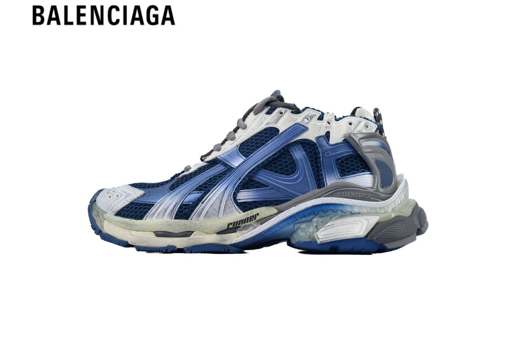 Balenciaga Runner Sneaker — Navy Mesh, Gradient Blue & Silver Synthetic Overlays