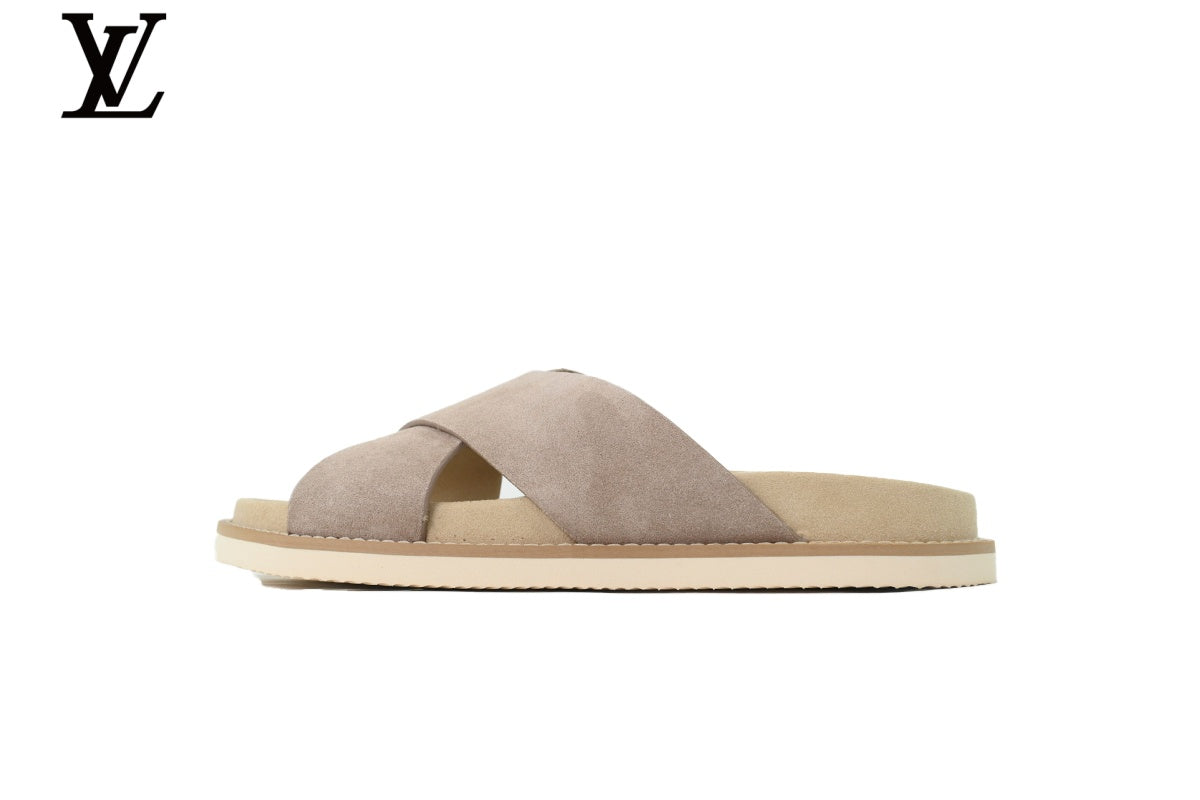 Louis Vuitton shoes for man  women Slide Sandal in Light Grey Suede with Cross Strap