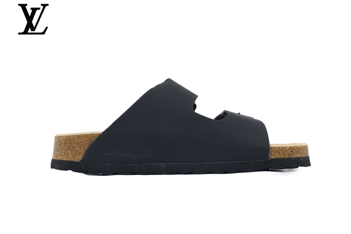 louis vuitton shoes for man  women Birkenstock Slide Sandal in Black with Double Buckle and Cork Footbed