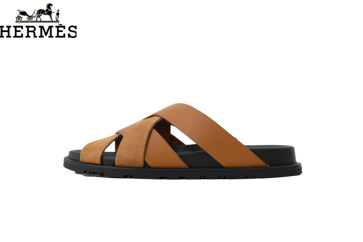 Hermès   slides  Tan Leather and Suede Cross-Strap Slide Sandal