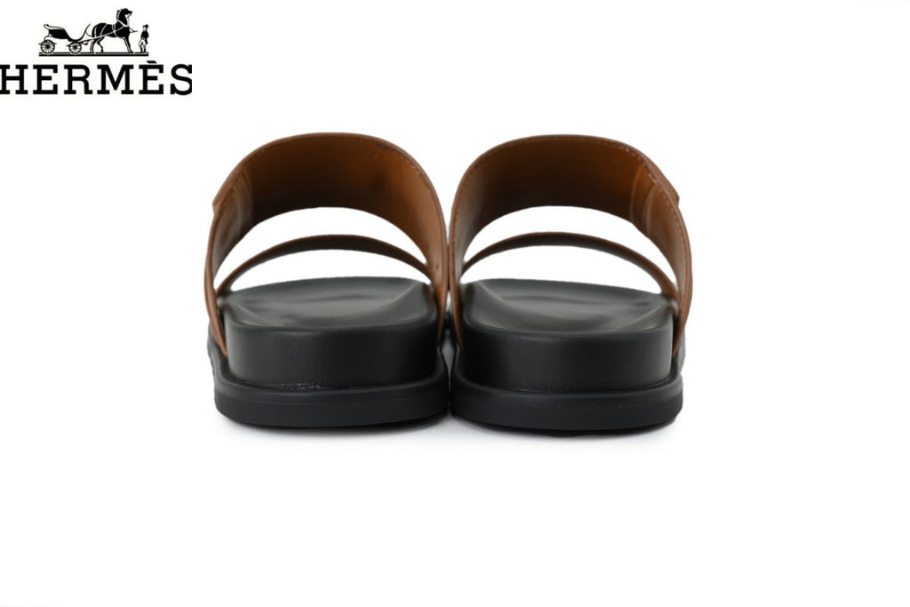 Hermès   slides Tan Leather Dual-Strap Slide Sandal