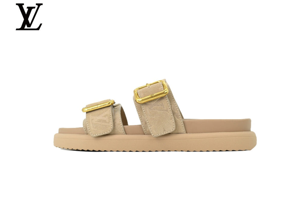 Louis Vuitton Monogram Slide Sandal in Beige with Gold Buckle and Double Strap