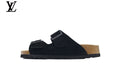 louis vuitton shoes for man  women Birkenstock Slide Sandal in Black Suede with Double Buckle and Cork Footbed