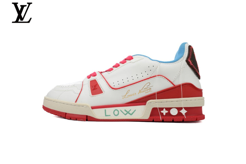 Louis Vuitton LV shoes for man  women Trainer Sneaker – White, Red & Blue