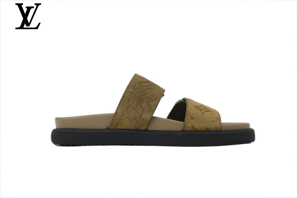 Louis Vuitton Beige Monogram Gold Buckle Double Strap Slide