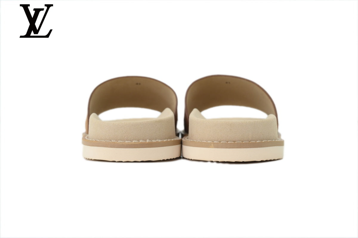 Louis Vuitton shoes for man  women Single Strap Slide Sandal – Tan Suede Leather & Beige Footbed