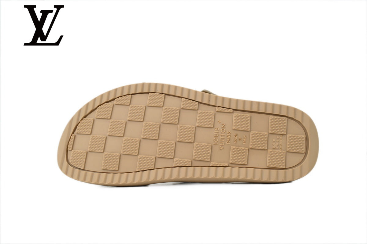 louis vuitton shoes for man  women Beige Monogram-Pattern Suede-Look Double-Strap Slides | Sizes 35–46