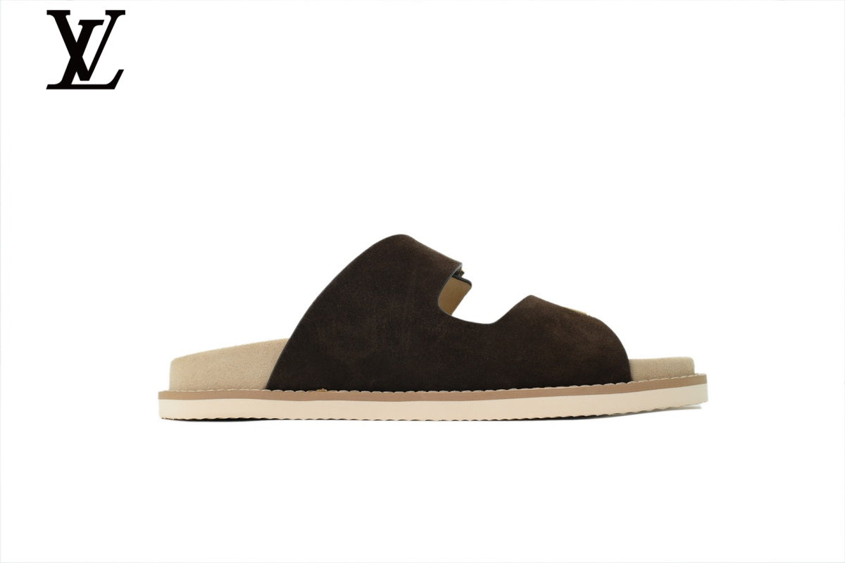 Louis Vuitton Double Buckle Slide Sandal – Dark Brown Suede Leather & Beige Footbed