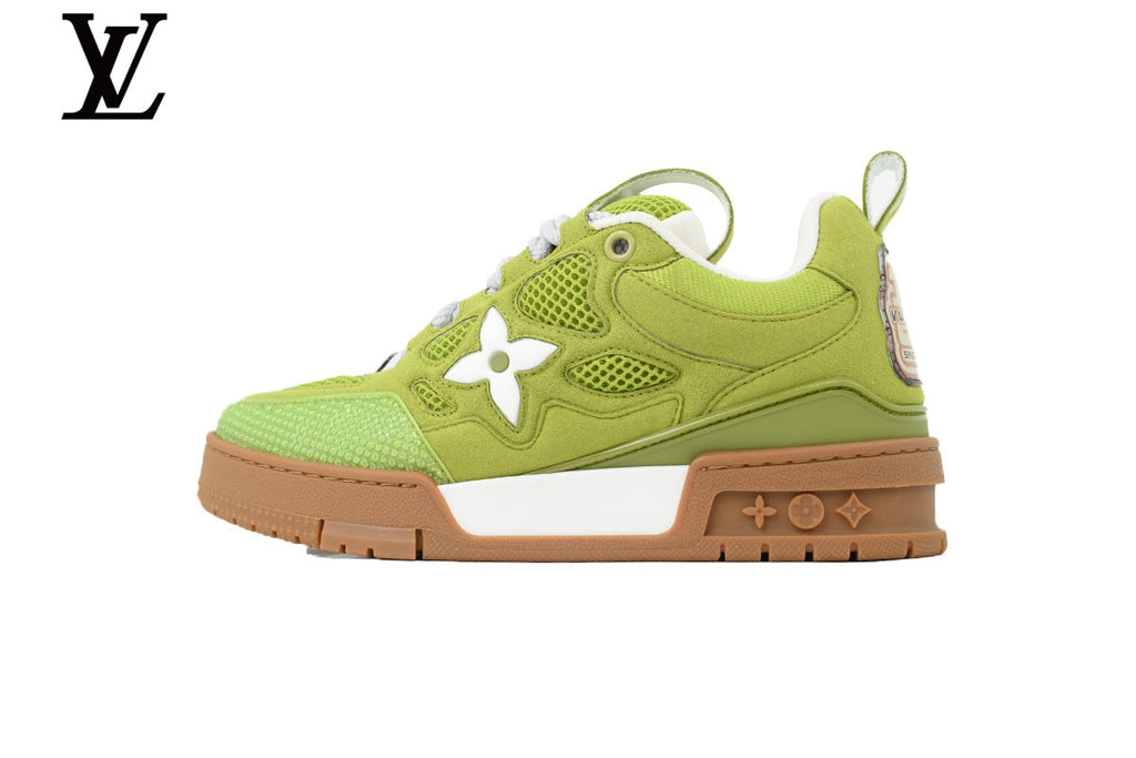 Louis Vuitton Trainer  shoes for man  women Sneaker – Olive Green Suede & Mesh with Gum Sole