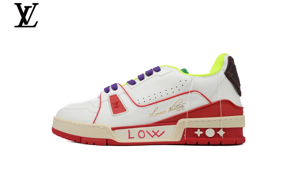 Louis Vuitton LV shoes for man  women Trainer Sneaker – White, Red & Purple