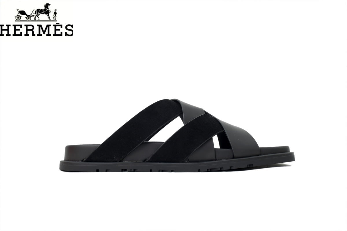 Hermès Black Leather and Suede Cross-Strap Slide Sandal
