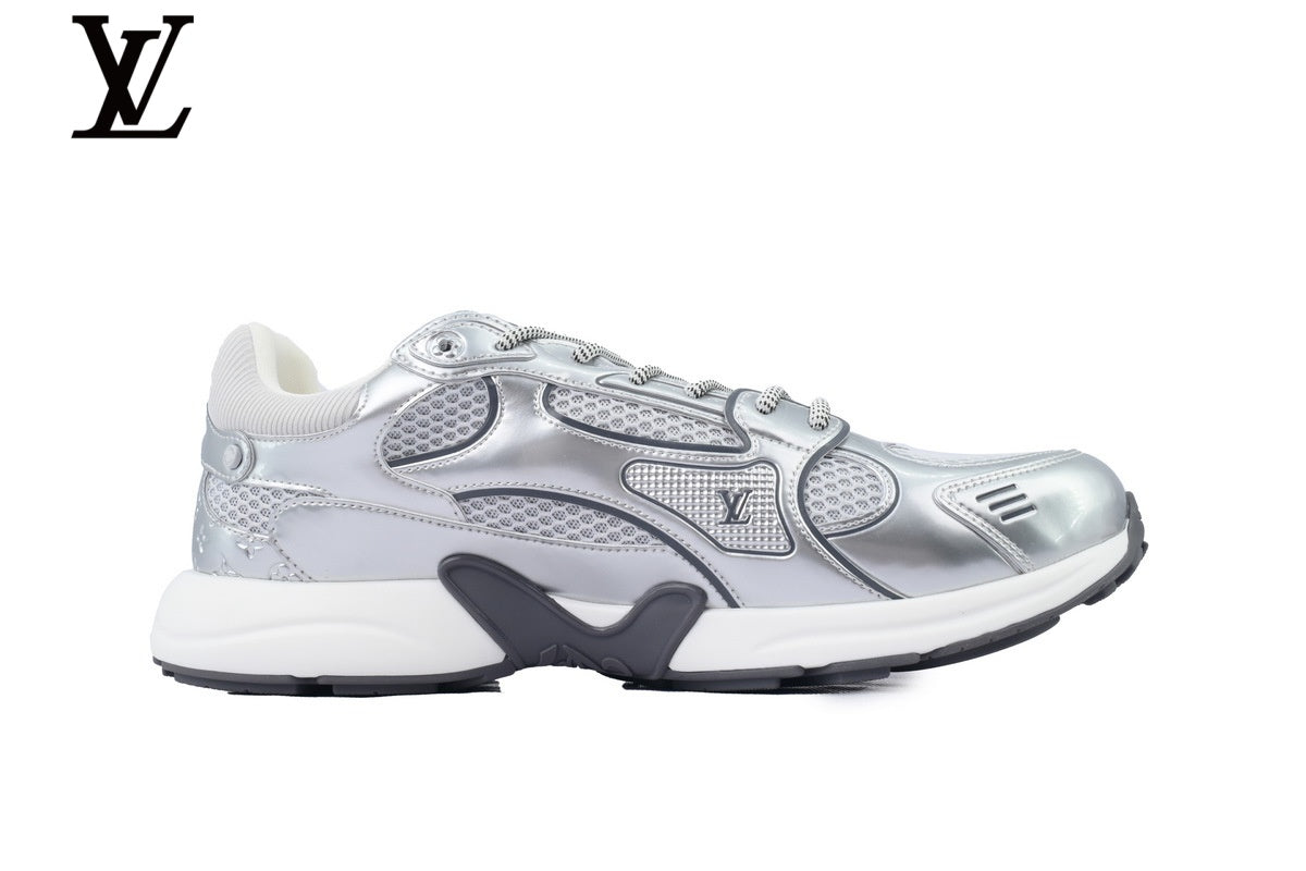 LV Low Top Sneaker Silver & Lavender Metallic Mesh Leather White Midsole