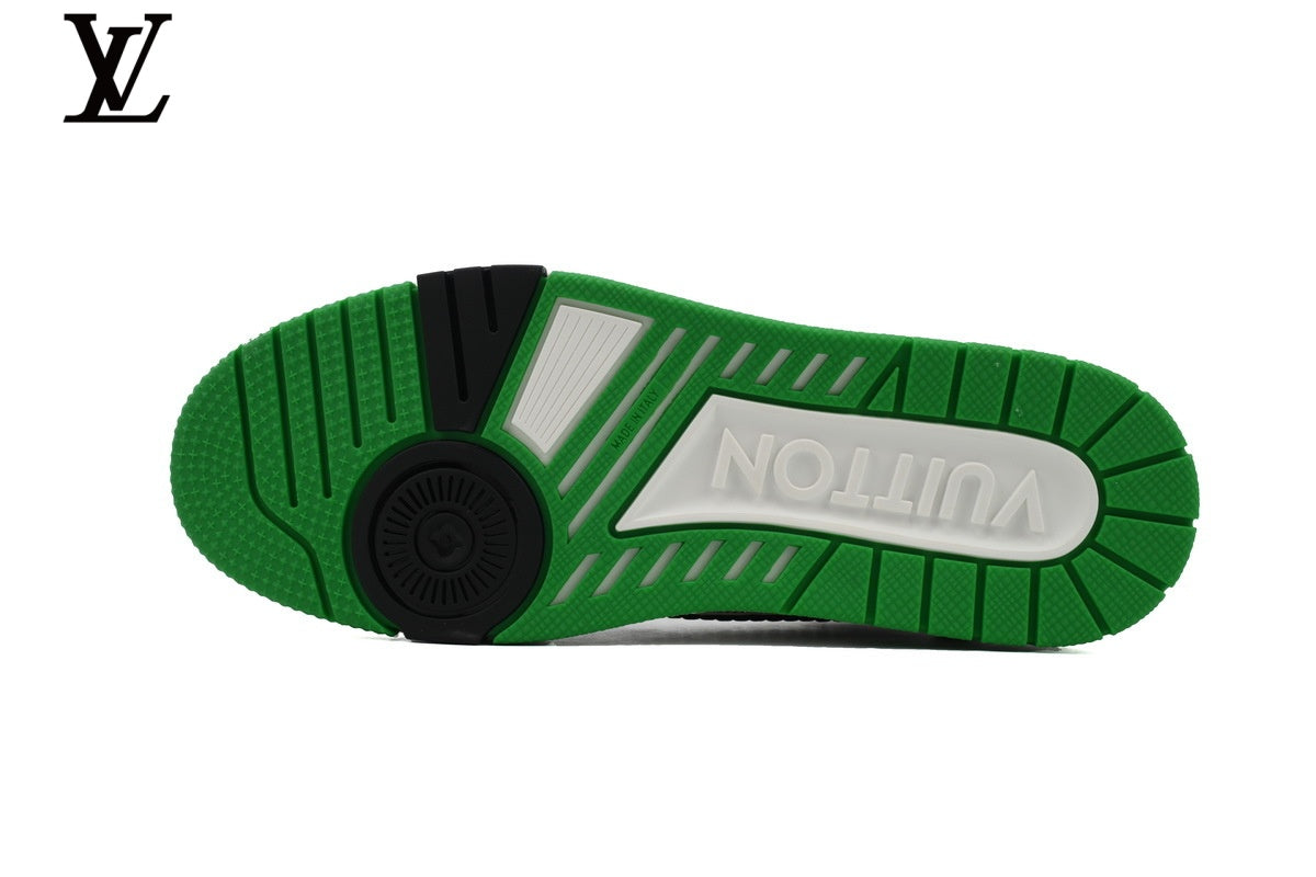 Louis Vuitton LV shoes for man  women Trainer Sneaker – White & Green Studded