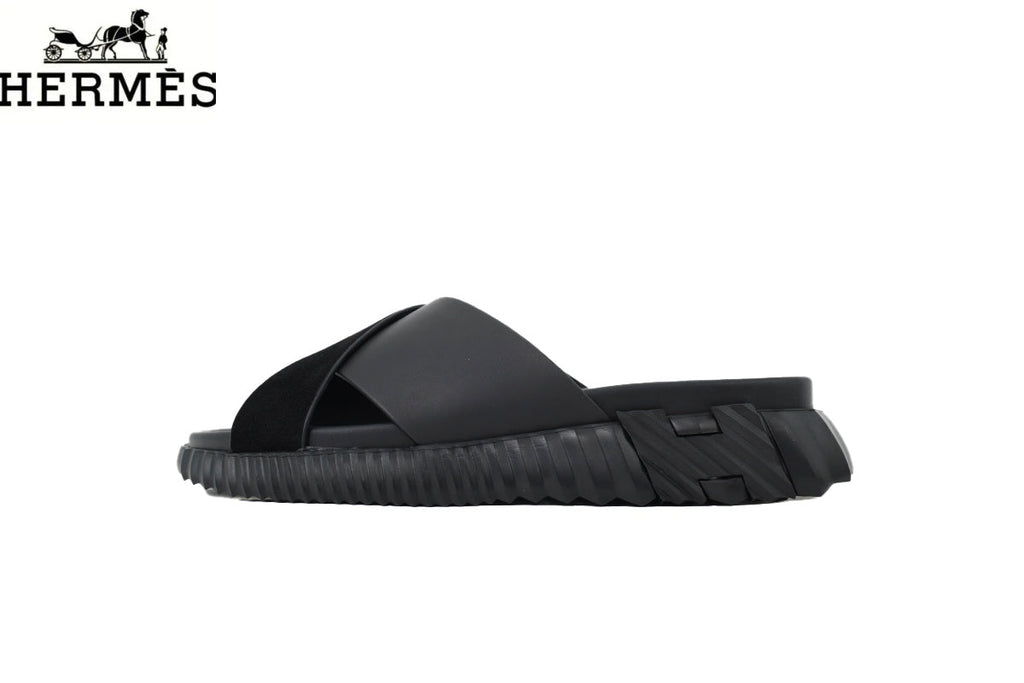 Hermès Black Leather and Suede Cross-Strap Platform Slide Sandal