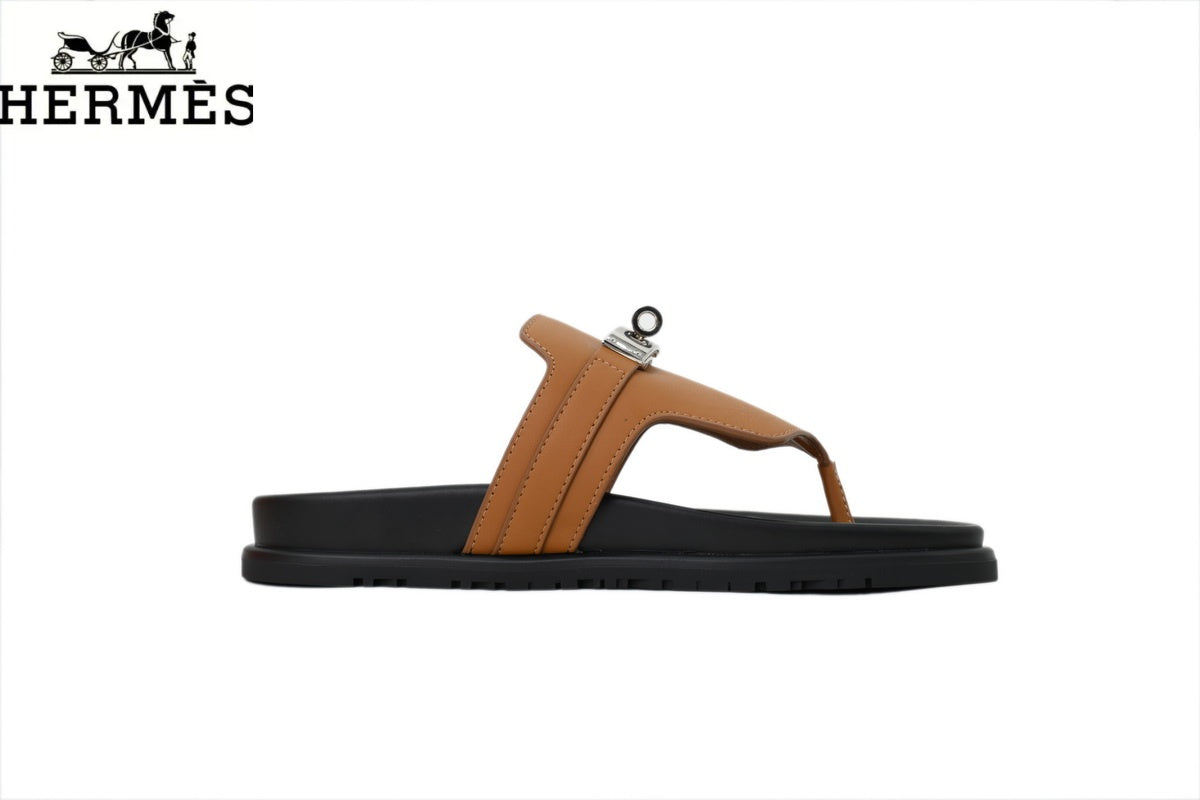 Hermès Tan Leather Flip-Flop Slide with Metal Buckle